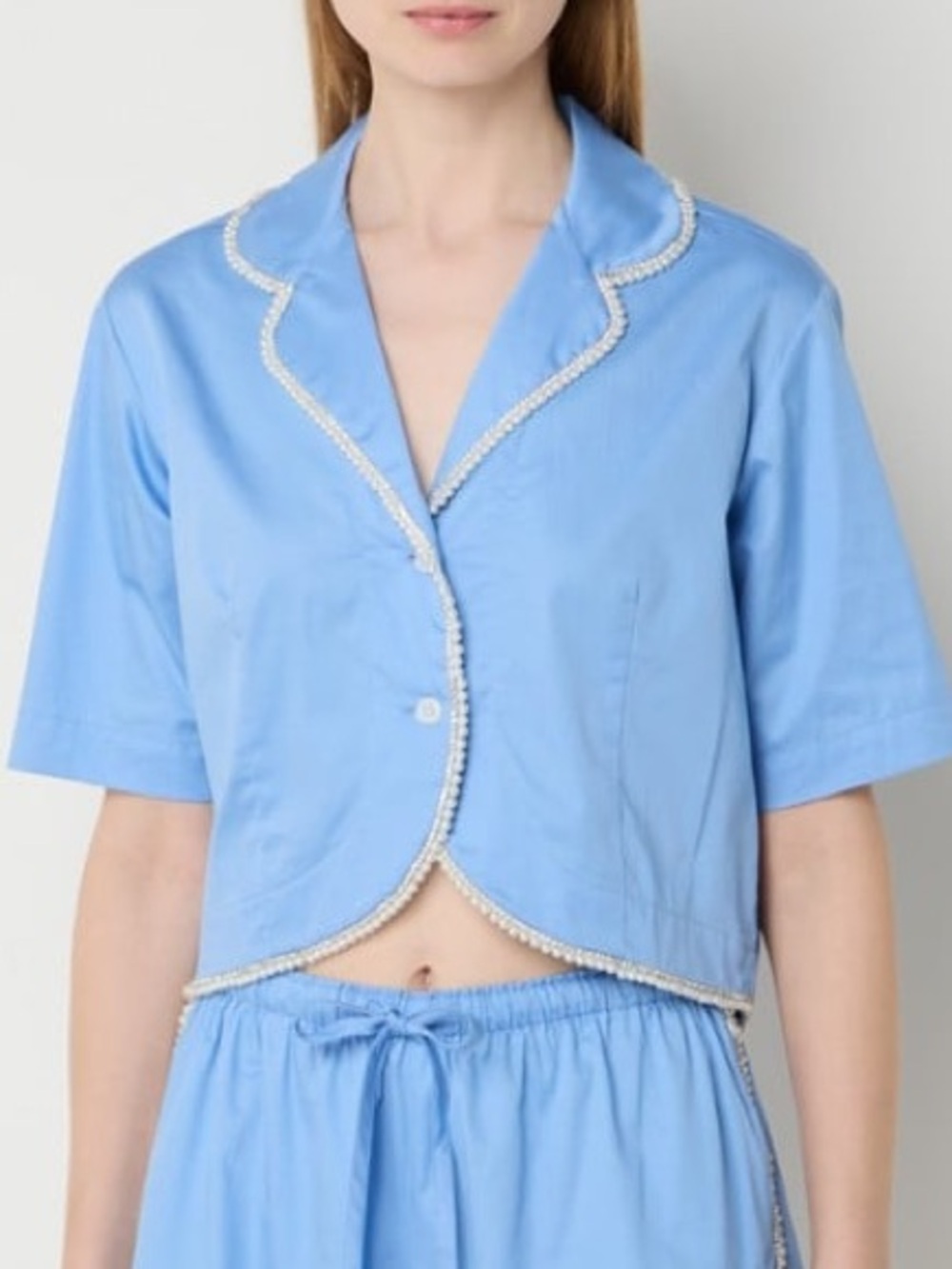 NWT 💯 SANDRO Paris Pearl Rhinestone Beaded Cotton Blouse Top Shirt Blue 34 0 XS - Picture 12 of 12
